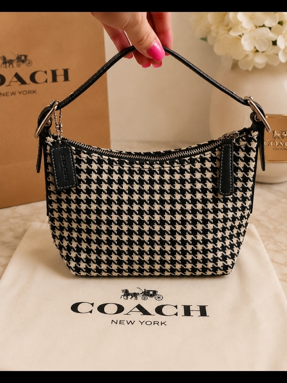 COACH Vintage Black & Cream Houndstooth Mini Hobo Bag